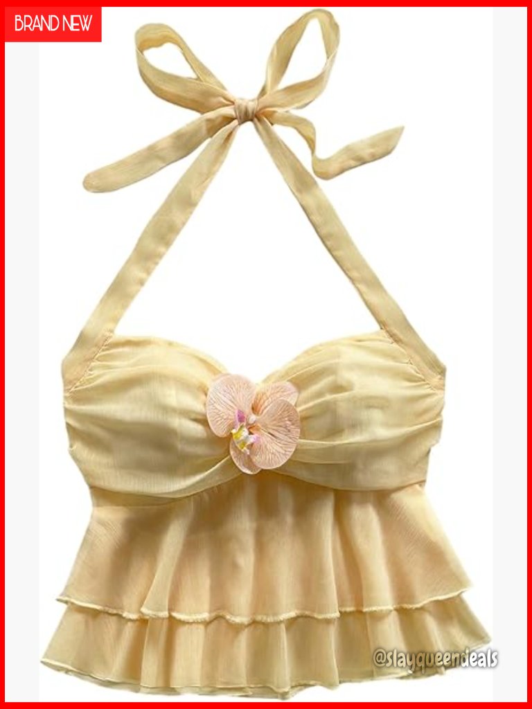 Floral Chiffon Halter Crop Top Tie Backless Ruffle Smocked Summer Top
